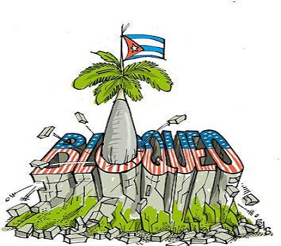 Banner alegórico al bloqueo contra Cuba