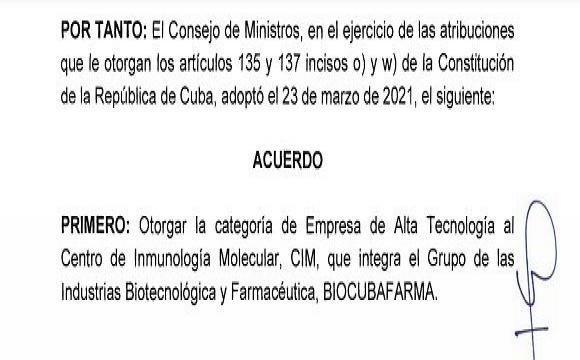 Otorga el Consejo de Ministros la categoría de Empresa de Alta Tecnología al Centro de Inmunología Molecular y a CITMATEL